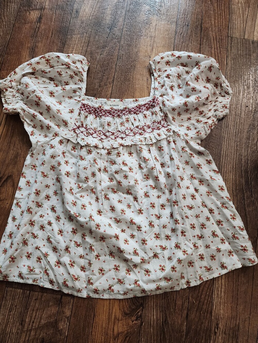NWOT SOMNER FRIDA ECRU Floral Smocked Babydoll Top - Rust Floral Print - Picture 2 of 5
